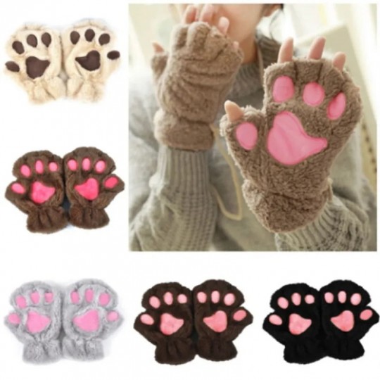Мягкие полуоткрытые зимние перчатки с лапками кота