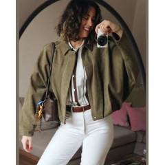  Stylish Suede Bomber Jacket for Women – HXAO Zipper Jacket, Cropped Fit