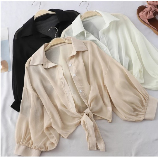 Women's Summer Chiffon Blouse – Button-Down Half Sleeve Top with Tied Waist