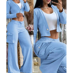 Women's Solid Color Print Crop Top & Casual Pants Set – Spring Summer 