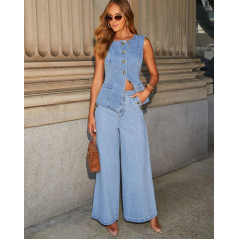 Women's Streetwear Denim 2-Piece Set – Sleeveless Vest & Wide-Leg Jeans