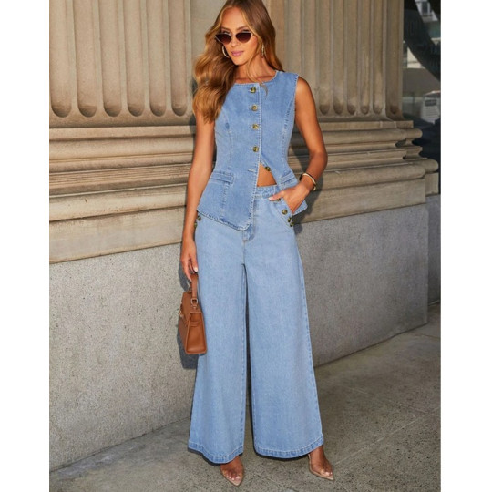 Women's Streetwear Denim 2-Piece Set – Sleeveless Vest & Wide-Leg Jeans