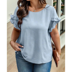 Plus Size V Neck Ruffle Printed Short Sleeve T Shirt