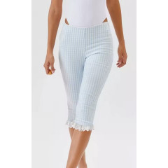 Y2K Plaid Capri Leggings with Lace Trim for Summer