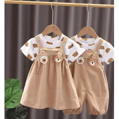 Sibling Cartoon T-Shirt & Bib Shorts Set