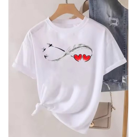 Soft Graphic T Shirt with Feather and Love Motif