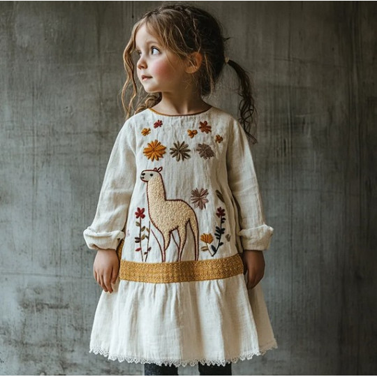 Girls’ Cotton-Linen Floral Embroidered Dress